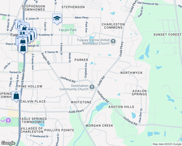 map of restaurants, bars, coffee shops, grocery stores, and more near 553 Barneswyck Drive in Fuquay-Varina