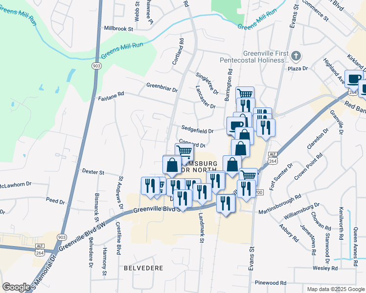 map of restaurants, bars, coffee shops, grocery stores, and more near 112 Concord Drive in Greenville
