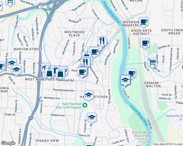 map of restaurants, bars, coffee shops, grocery stores, and more near 18 Elkin Street in Asheville