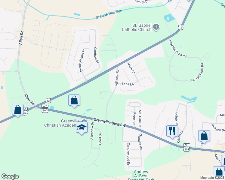 map of restaurants, bars, coffee shops, grocery stores, and more near 3002 Williams Road in Greenville
