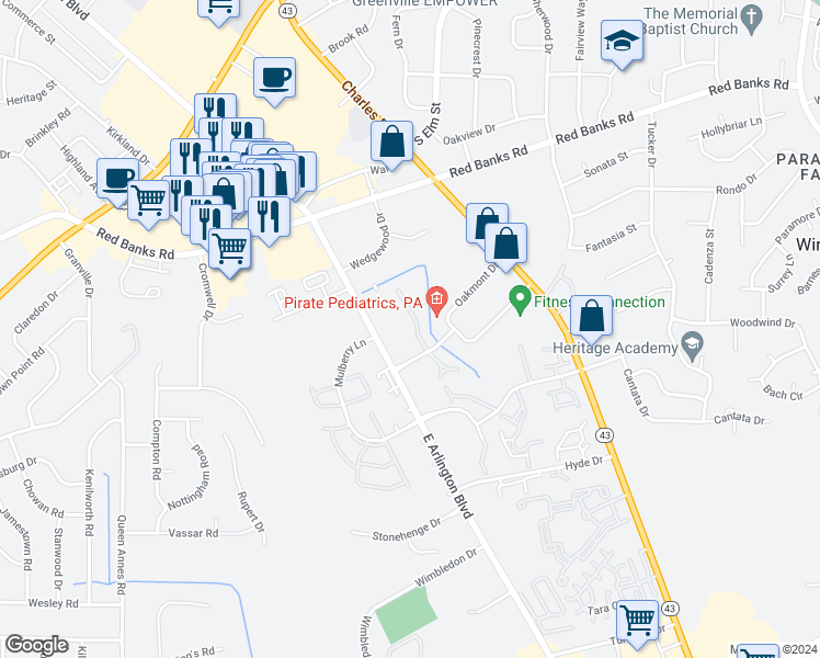 map of restaurants, bars, coffee shops, grocery stores, and more near 1109 Turtle Creek Road in Greenville