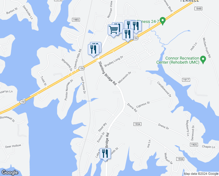 map of restaurants, bars, coffee shops, grocery stores, and more near 4155 Slanting Bridge Road in Sherrills Ford