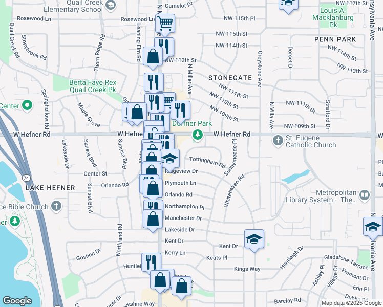 map of restaurants, bars, coffee shops, grocery stores, and more near 2742 Winston Road in The Village