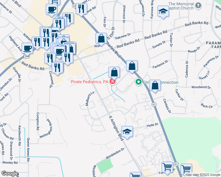 map of restaurants, bars, coffee shops, grocery stores, and more near 1141 Turtle Creek Road in Greenville