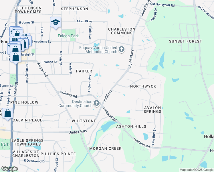map of restaurants, bars, coffee shops, grocery stores, and more near 1420 South Judd Parkway Southeast in Fuquay-Varina