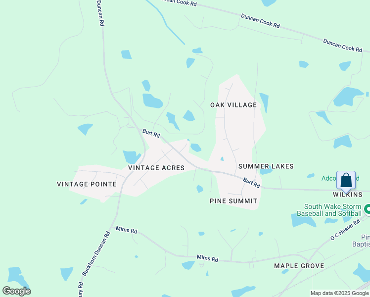 map of restaurants, bars, coffee shops, grocery stores, and more near 6500 Burt Road in Fuquay Varina