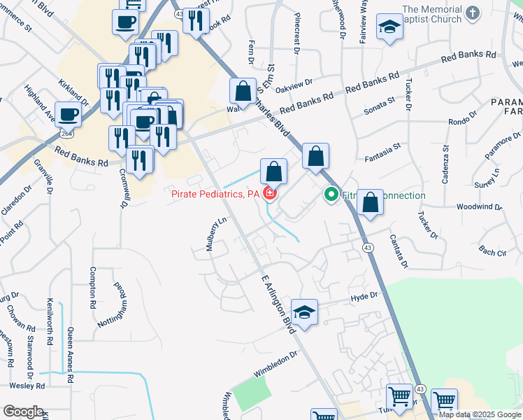 map of restaurants, bars, coffee shops, grocery stores, and more near 1141 Turtle Creek Road in Greenville