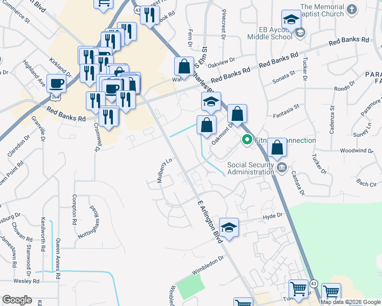 map of restaurants, bars, coffee shops, grocery stores, and more near 1105 Turtle Creek Road in Greenville
