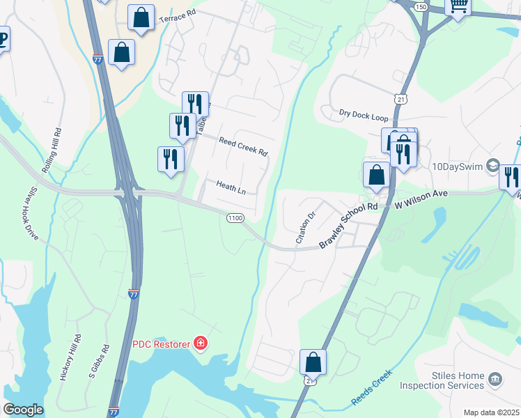 map of restaurants, bars, coffee shops, grocery stores, and more near 524 Reed Creek Road in Mooresville