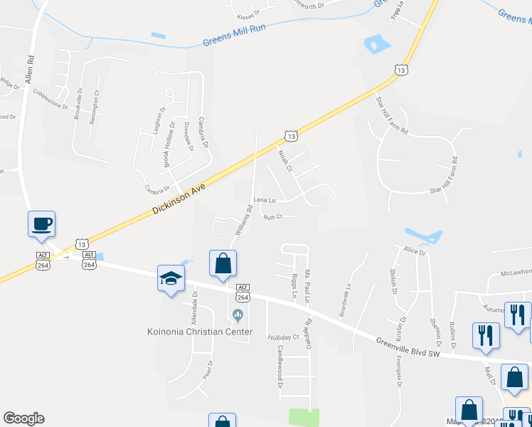 map of restaurants, bars, coffee shops, grocery stores, and more near 3121 Ruth Court in Greenville