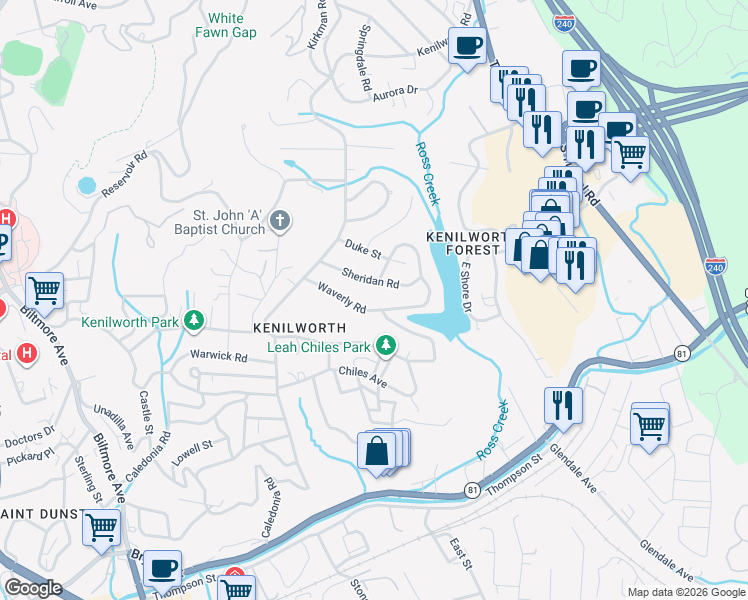 map of restaurants, bars, coffee shops, grocery stores, and more near 36 Waverly Road in Asheville
