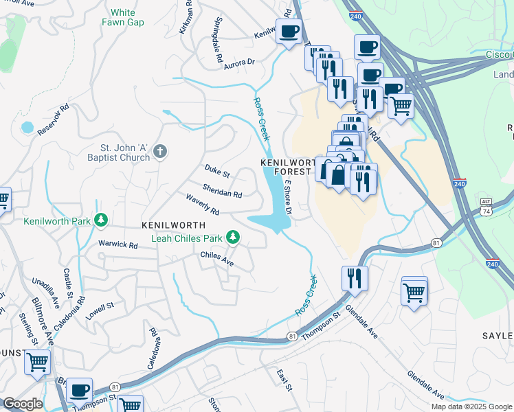 map of restaurants, bars, coffee shops, grocery stores, and more near 241 Lakewood Drive in Asheville