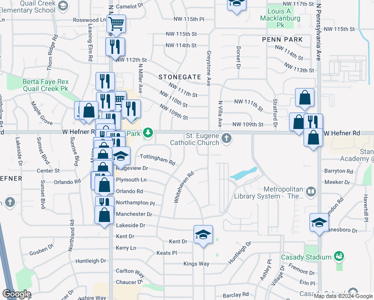map of restaurants, bars, coffee shops, grocery stores, and more near 10828 Sunnymeade Place in The Village