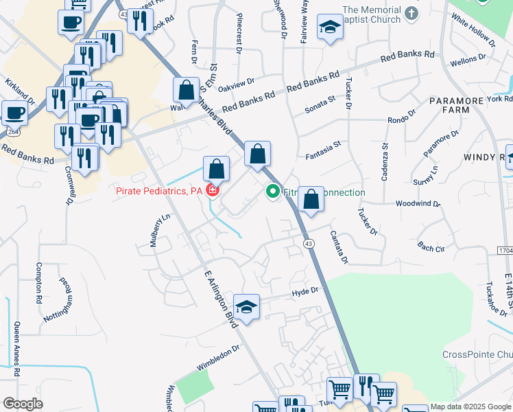 map of restaurants, bars, coffee shops, grocery stores, and more near 134 Oakmont Drive in Greenville