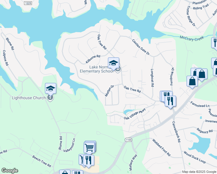map of restaurants, bars, coffee shops, grocery stores, and more near 126 Matlen Drive in Mooresville