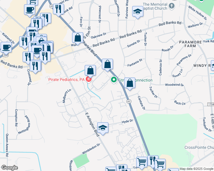 map of restaurants, bars, coffee shops, grocery stores, and more near 134 Oakmont Drive in Greenville