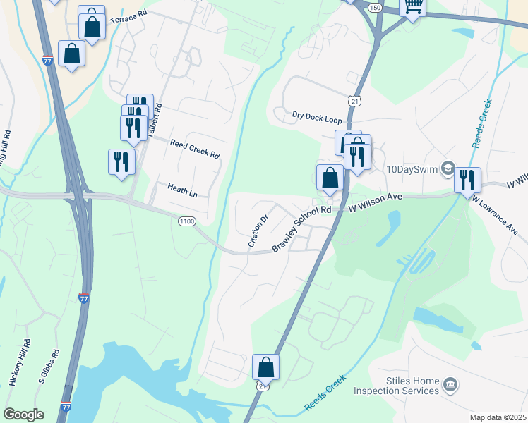 map of restaurants, bars, coffee shops, grocery stores, and more near 141 Citation Drive in Mooresville