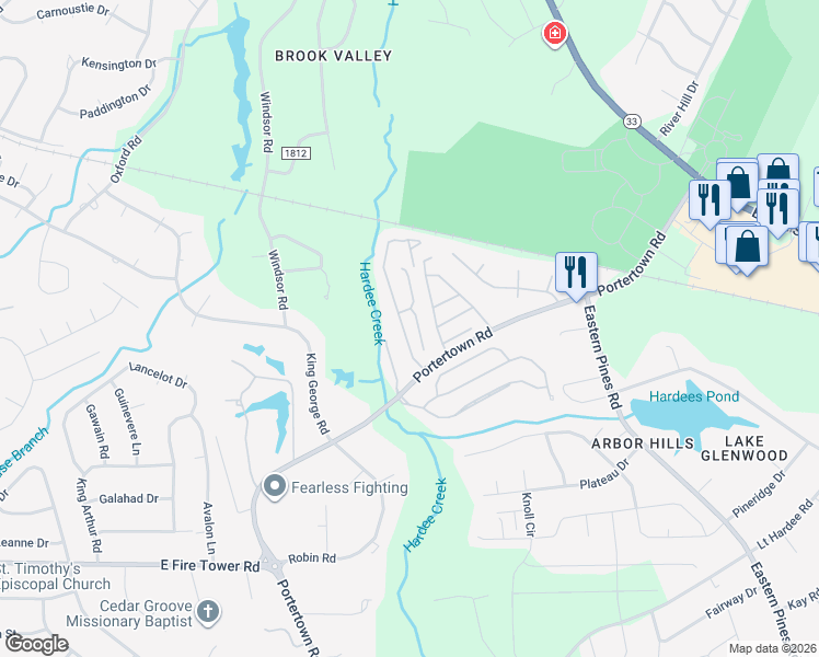 map of restaurants, bars, coffee shops, grocery stores, and more near 4209 Brook Creek Lane in Greenville