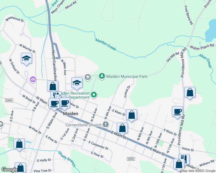 map of restaurants, bars, coffee shops, grocery stores, and more near 300 North 4th Avenue in Maiden