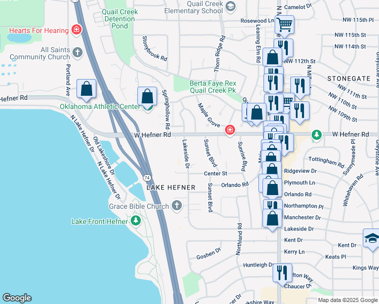 map of restaurants, bars, coffee shops, grocery stores, and more near 10800 Lakeside Drive in The Village