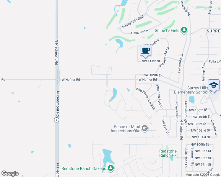 map of restaurants, bars, coffee shops, grocery stores, and more near 13300 Big Cedar Trail in Yukon