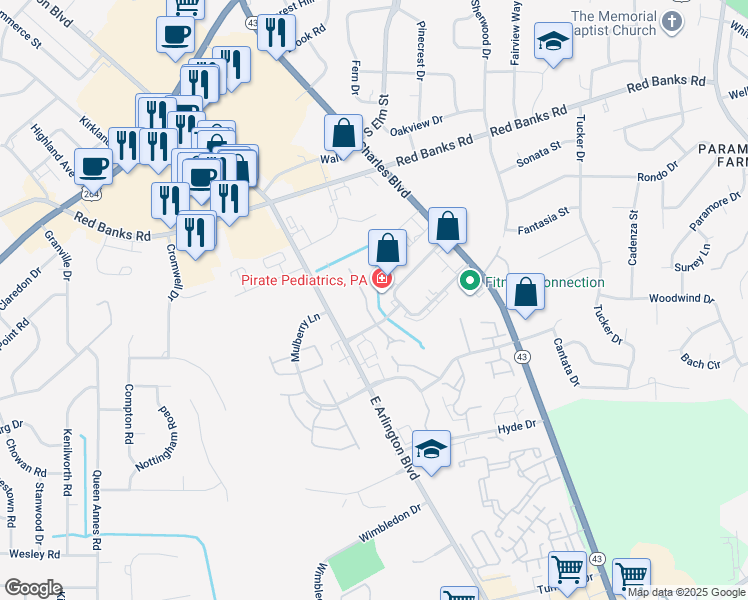 map of restaurants, bars, coffee shops, grocery stores, and more near 1141 Turtle Creek Road in Greenville