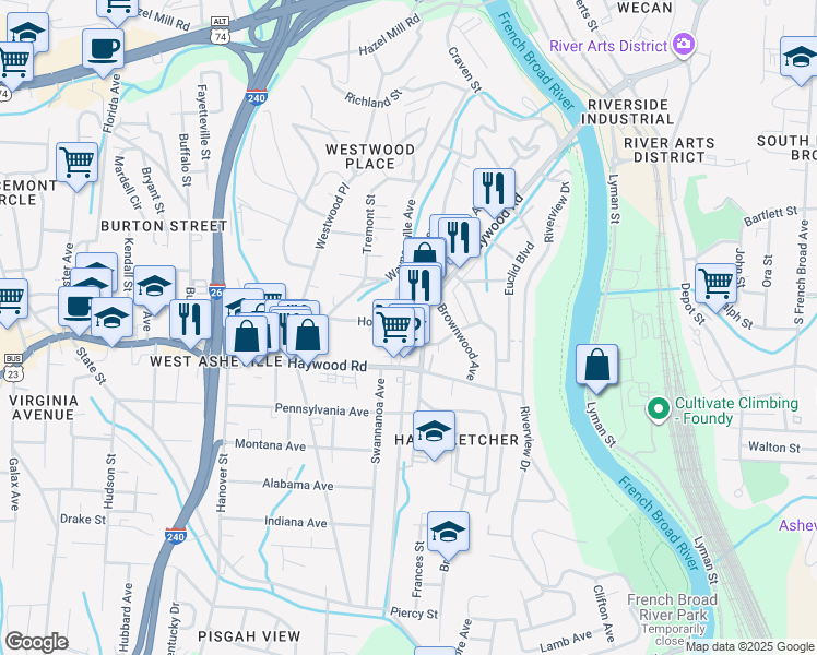 map of restaurants, bars, coffee shops, grocery stores, and more near 259 Haywood Road in Asheville