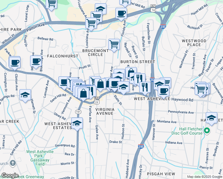 map of restaurants, bars, coffee shops, grocery stores, and more near 626 U.S. 19 Business in Asheville