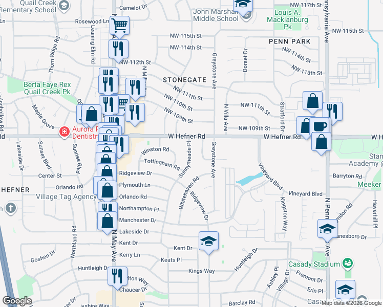 map of restaurants, bars, coffee shops, grocery stores, and more near 10805 North Utica Drive in The Village