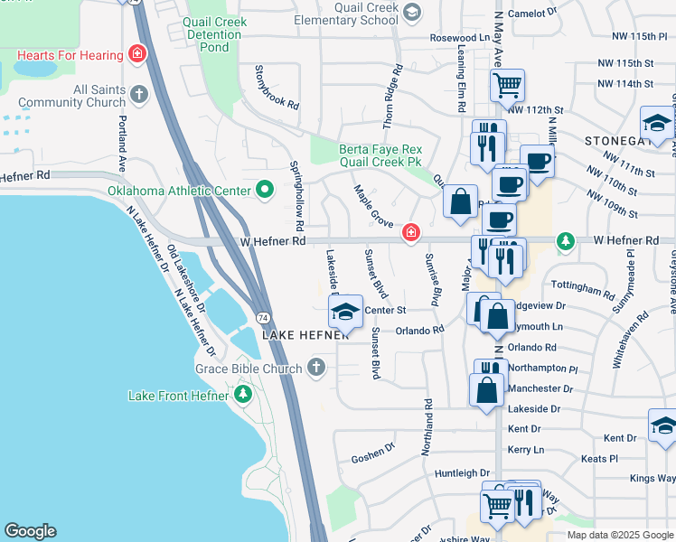 map of restaurants, bars, coffee shops, grocery stores, and more near 10800 Lakeside Drive in The Village