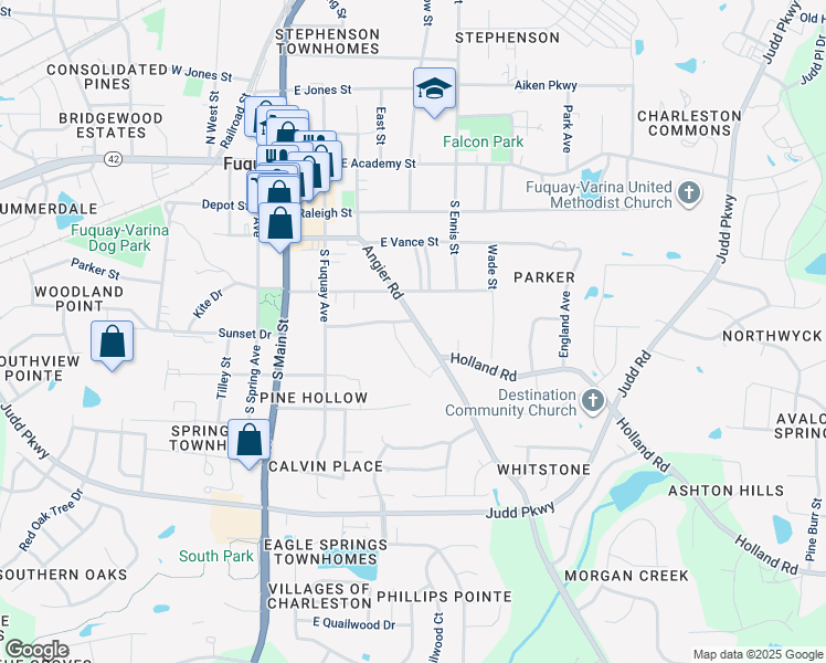 map of restaurants, bars, coffee shops, grocery stores, and more near 502 Angier Road in Fuquay Varina