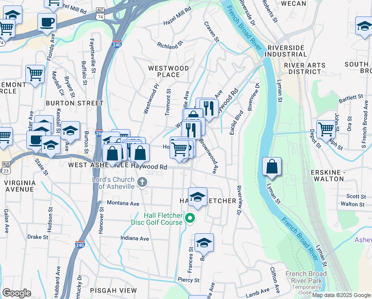 map of restaurants, bars, coffee shops, grocery stores, and more near 69 Howard Street in Asheville