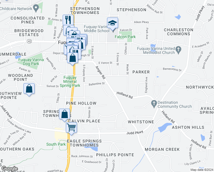 map of restaurants, bars, coffee shops, grocery stores, and more near 502 Angier Road in Fuquay Varina