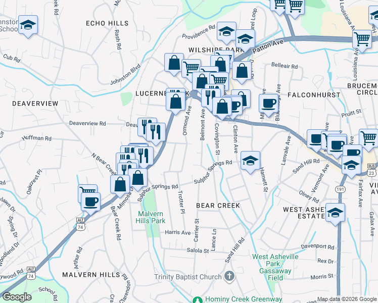 map of restaurants, bars, coffee shops, grocery stores, and more near 34 Harvard Place in Asheville