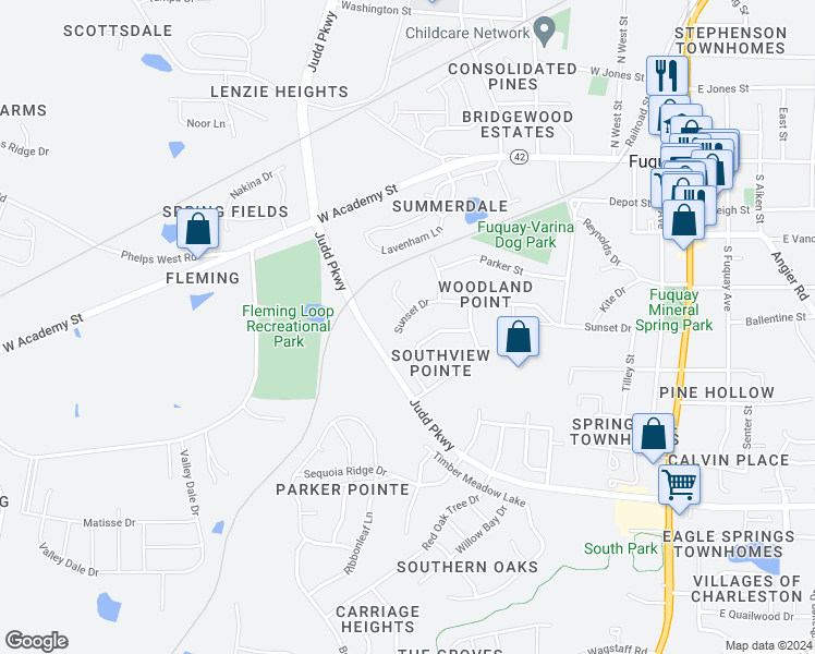 map of restaurants, bars, coffee shops, grocery stores, and more near 1001 Sunset Drive in Fuquay Varina