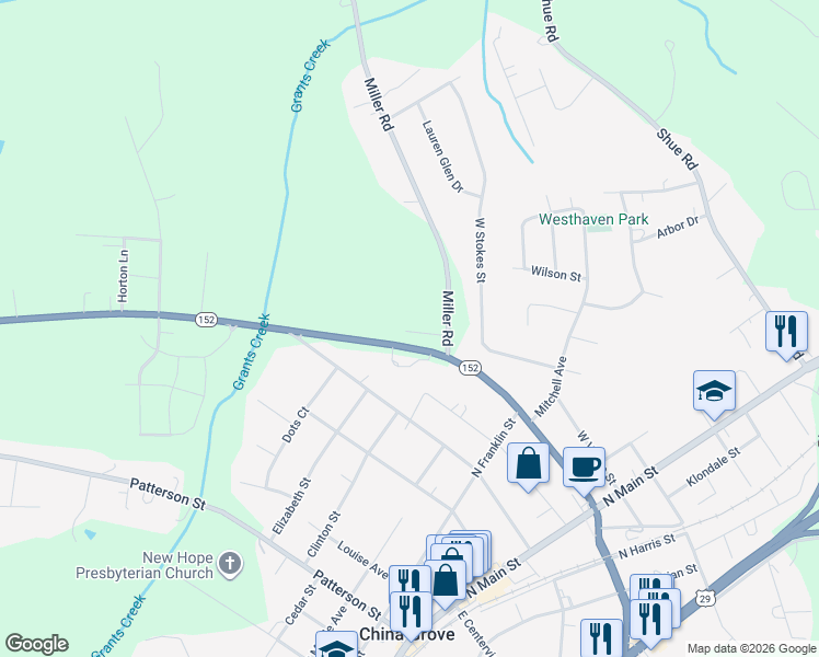 map of restaurants, bars, coffee shops, grocery stores, and more near 140 Miller Road in China Grove