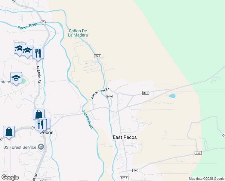 map of restaurants, bars, coffee shops, grocery stores, and more near County Road B49 in Pecos