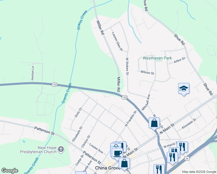 map of restaurants, bars, coffee shops, grocery stores, and more near 140 Miller Road in China Grove