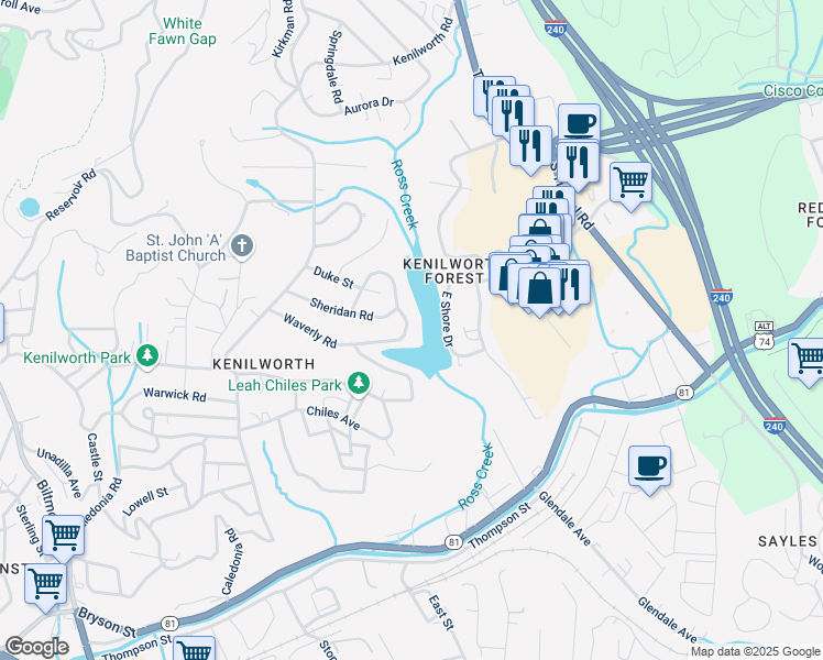 map of restaurants, bars, coffee shops, grocery stores, and more near 305 Lakewood Drive in Asheville