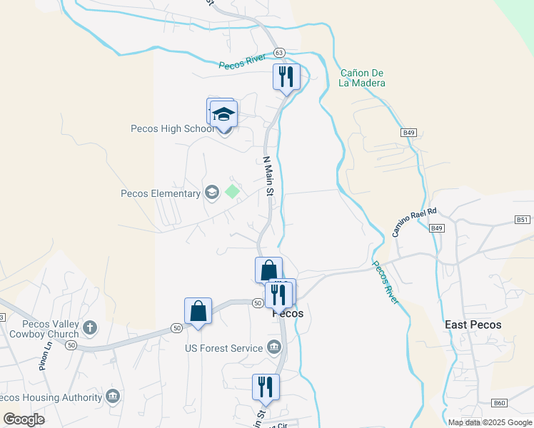 map of restaurants, bars, coffee shops, grocery stores, and more near 39 North Main Street in Pecos