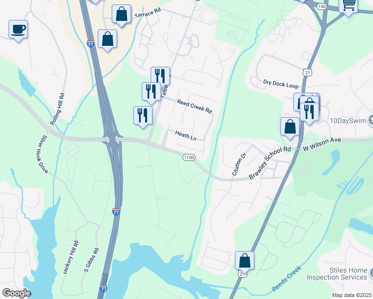 map of restaurants, bars, coffee shops, grocery stores, and more near 132 Diamond Drive in Mooresville