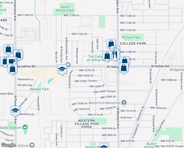 map of restaurants, bars, coffee shops, grocery stores, and more near 1301 Northwest 106th Street in Oklahoma City