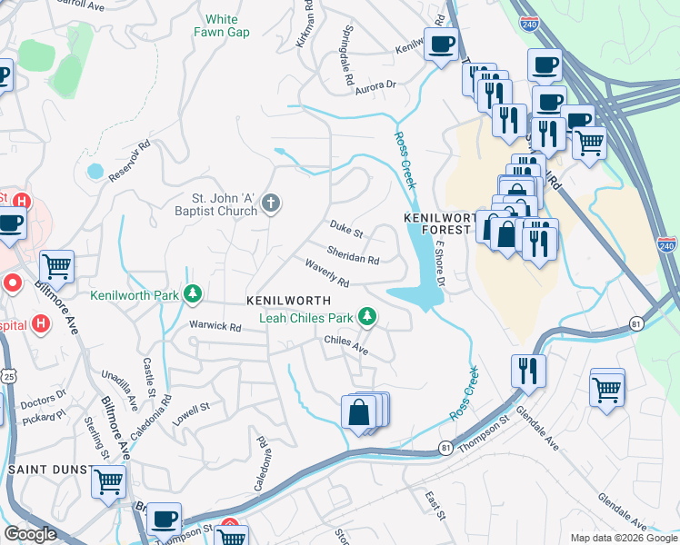 map of restaurants, bars, coffee shops, grocery stores, and more near 36 Waverly Road in Asheville