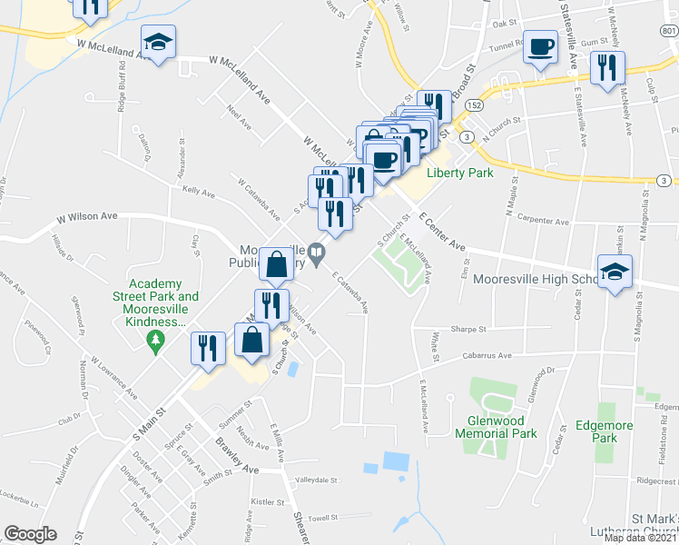 map of restaurants, bars, coffee shops, grocery stores, and more near 134 East Catawba Avenue in Mooresville