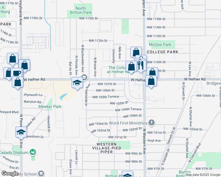 map of restaurants, bars, coffee shops, grocery stores, and more near 1300 Northwest 106th Street in Oklahoma City