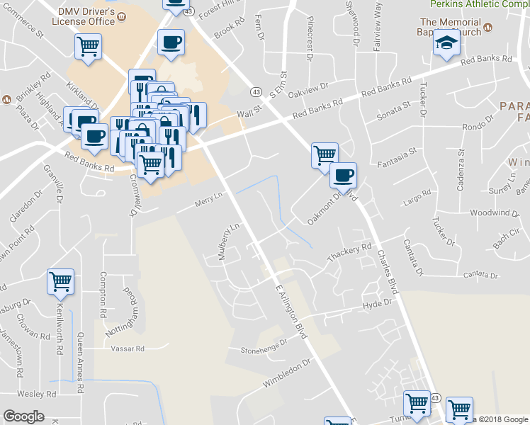 map of restaurants, bars, coffee shops, grocery stores, and more near 1111 Turtle Creek Drive in Greenville