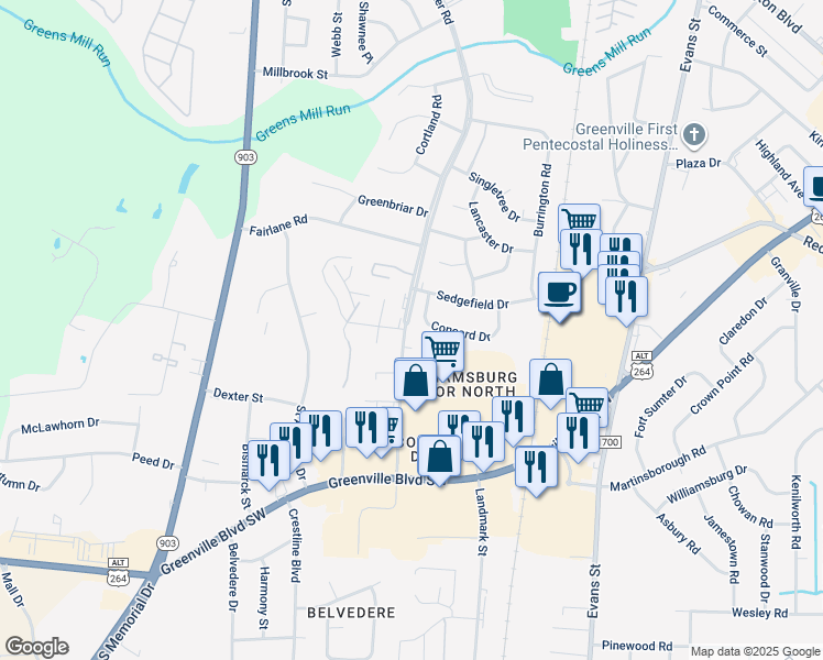 map of restaurants, bars, coffee shops, grocery stores, and more near 1501 Hooker Road in Greenville