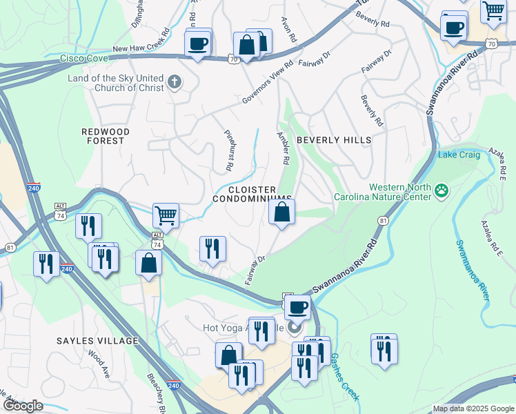 map of restaurants, bars, coffee shops, grocery stores, and more near 602 Abbey Circle in Asheville