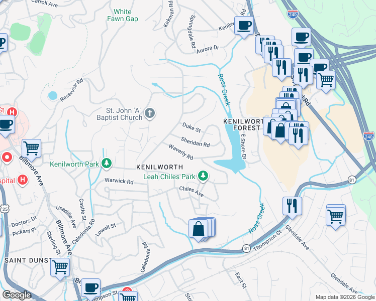 map of restaurants, bars, coffee shops, grocery stores, and more near 36 Waverly Road in Asheville