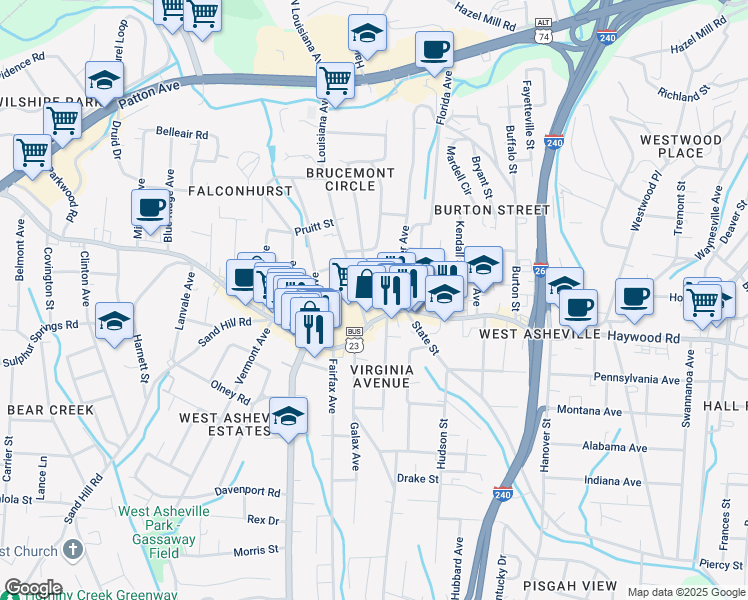 map of restaurants, bars, coffee shops, grocery stores, and more near 667 Haywood Road in Asheville